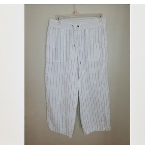 Athleta Bali Linen Crop Pants Pull On White With gray Pinstripe Size 4